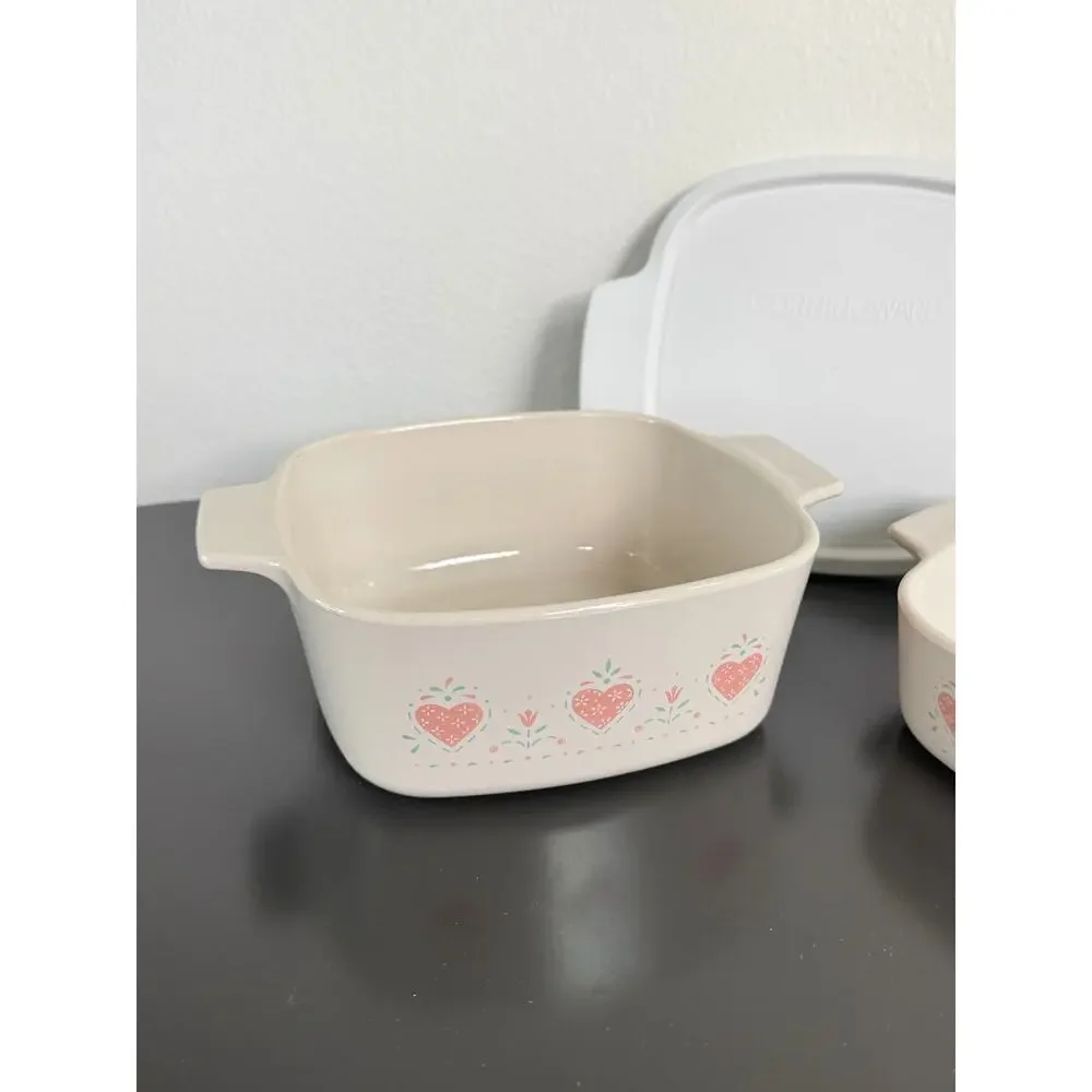 Vintage CorningWare casserole baking dishes Forever Yours pattern pink heart lid